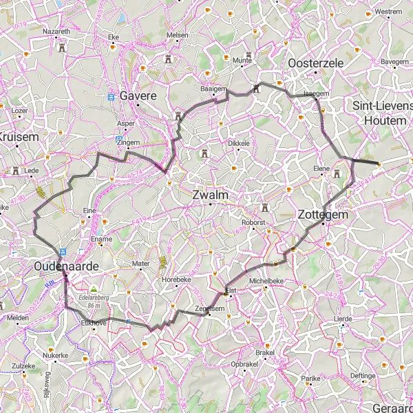 Miniatuurkaart van de fietsinspiratie "Kasteel van Egmont en Eikenberg Route" in Prov. Oost-Vlaanderen, Belgium. Gemaakt door de Tarmacs.app fietsrouteplanner