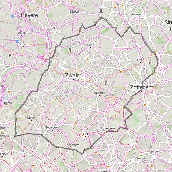 Miniature de la carte de l'inspiration cycliste "Escapade champêtre dans les environs de Hillegem" dans la Prov. Oost-Vlaanderen, Belgium. Générée par le planificateur d'itinéraire cycliste Tarmacs.app