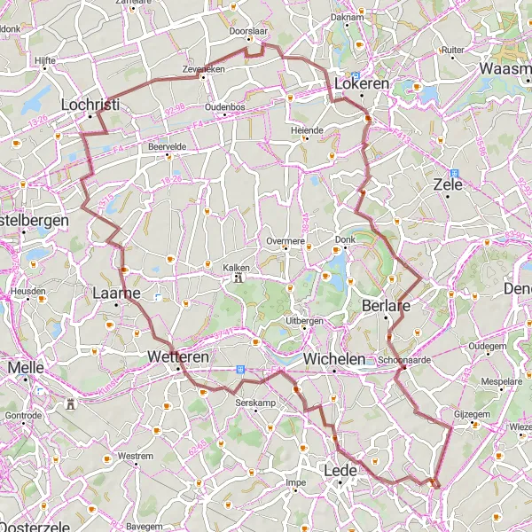 Karten-Miniaturansicht der Radinspiration "Gravel Tour durch De Speelbos und Zeveneken" in Prov. Oost-Vlaanderen, Belgium. Erstellt vom Tarmacs.app-Routenplaner für Radtouren