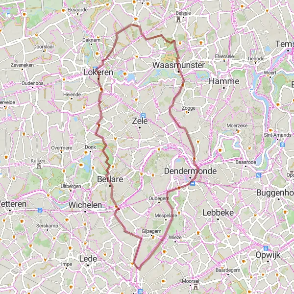 Miniatuurkaart van de fietsinspiratie "Avontuurlijke gravelroute langs Berlare, Lokeren, Mont Henri, Waasmunster, Boonwijk en Herdersem" in Prov. Oost-Vlaanderen, Belgium. Gemaakt door de Tarmacs.app fietsrouteplanner