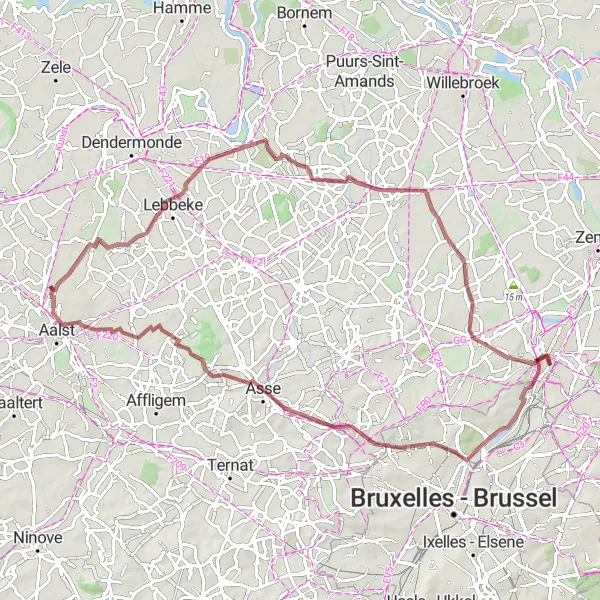 Miniature de la carte de l'inspiration cycliste "La boucle de Drie Fonteinen" dans la Prov. Oost-Vlaanderen, Belgium. Générée par le planificateur d'itinéraire cycliste Tarmacs.app