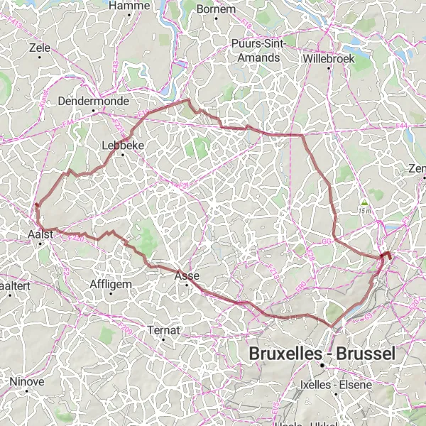 Miniatuurkaart van de fietsinspiratie "Gravelroute door Wieze, Briel, Nieuwenrode, Drie Fonteinen, Asse, Putberg en Hofstade" in Prov. Oost-Vlaanderen, Belgium. Gemaakt door de Tarmacs.app fietsrouteplanner