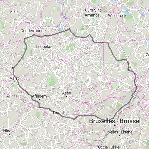 Miniature de la carte de l'inspiration cycliste "Les collines du Brabant Flamand" dans la Prov. Oost-Vlaanderen, Belgium. Générée par le planificateur d'itinéraire cycliste Tarmacs.app
