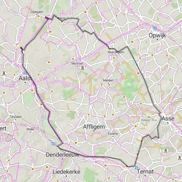 Miniatuurkaart van de fietsinspiratie "Dender en Denderland Fietstocht" in Prov. Oost-Vlaanderen, Belgium. Gemaakt door de Tarmacs.app fietsrouteplanner