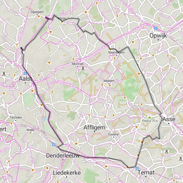 Map miniature of "The Mazenzele Ride" cycling inspiration in Prov. Oost-Vlaanderen, Belgium. Generated by Tarmacs.app cycling route planner