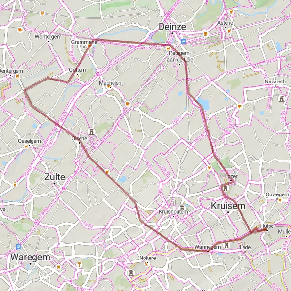 Map miniature of "Gravel Adventure in Kruishoutem and Deinze" cycling inspiration in Prov. Oost-Vlaanderen, Belgium. Generated by Tarmacs.app cycling route planner