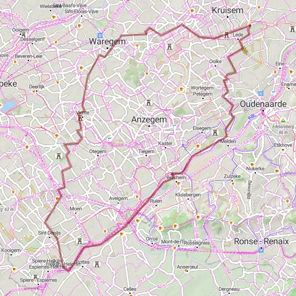 Map miniature of "Gravel Adventure through Kerkhove and Helkijn" cycling inspiration in Prov. Oost-Vlaanderen, Belgium. Generated by Tarmacs.app cycling route planner