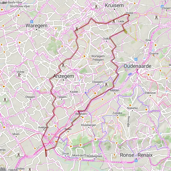 Map miniature of "Epic Gravel Grind: Escanaffles and Nokereberg" cycling inspiration in Prov. Oost-Vlaanderen, Belgium. Generated by Tarmacs.app cycling route planner