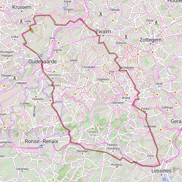 Map miniature of "Zwalm to Ellezelles Loop" cycling inspiration in Prov. Oost-Vlaanderen, Belgium. Generated by Tarmacs.app cycling route planner