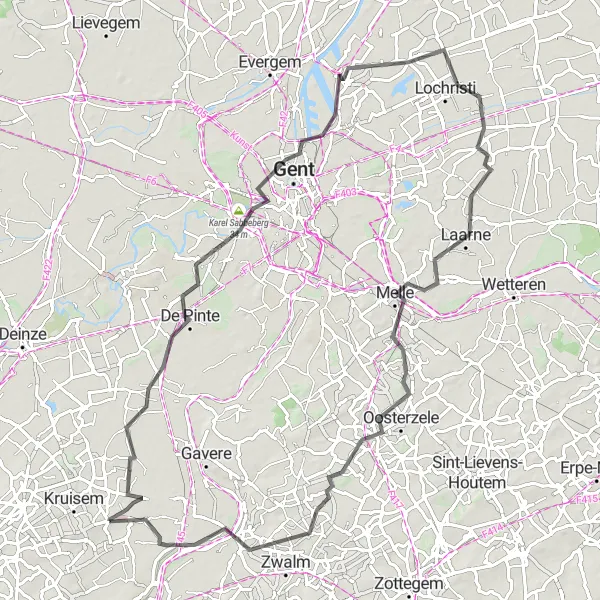 Map miniature of "Scenic Road Ride: De Pinte and Lochristi" cycling inspiration in Prov. Oost-Vlaanderen, Belgium. Generated by Tarmacs.app cycling route planner