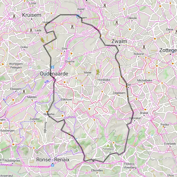 Miniatuurkaart van de fietsinspiratie "Wegrit langs de Zwalmvallei" in Prov. Oost-Vlaanderen, Belgium. Gemaakt door de Tarmacs.app fietsrouteplanner