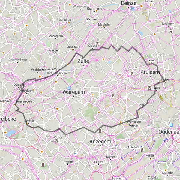 Miniatuurkaart van de fietsinspiratie "Wegroute door Oost-Vlaanderen" in Prov. Oost-Vlaanderen, Belgium. Gemaakt door de Tarmacs.app fietsrouteplanner