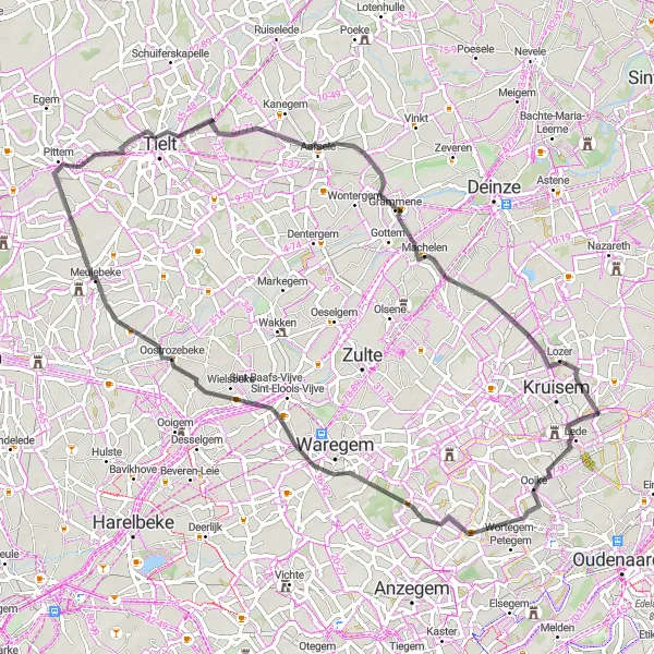 Map miniature of "Ooikeberg to Kruisem" cycling inspiration in Prov. Oost-Vlaanderen, Belgium. Generated by Tarmacs.app cycling route planner