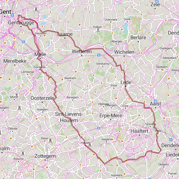 Karten-Miniaturansicht der Radinspiration "Erkundungstour durch Lede und Terjoden" in Prov. Oost-Vlaanderen, Belgium. Erstellt vom Tarmacs.app-Routenplaner für Radtouren