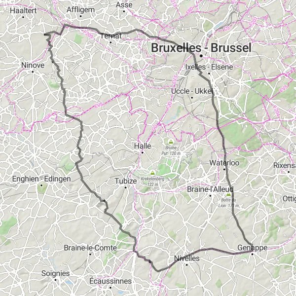 Miniature de la carte de l'inspiration cycliste "La grande boucle du Brabant Flamand" dans la Prov. Oost-Vlaanderen, Belgium. Générée par le planificateur d'itinéraire cycliste Tarmacs.app