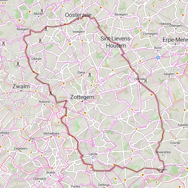 Miniatuurkaart van de fietsinspiratie "Uitdagende gravelroute door de natuur" in Prov. Oost-Vlaanderen, Belgium. Gemaakt door de Tarmacs.app fietsrouteplanner