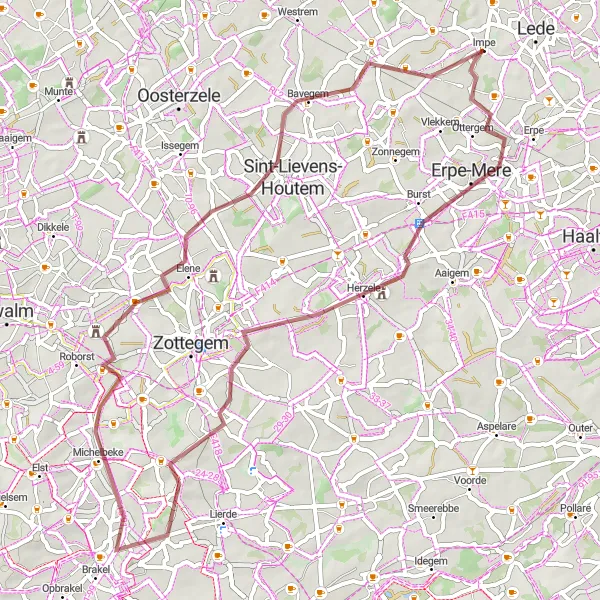 Miniatuurkaart van de fietsinspiratie "Verken de groene omgeving van Bambrugge en Oordegem" in Prov. Oost-Vlaanderen, Belgium. Gemaakt door de Tarmacs.app fietsrouteplanner