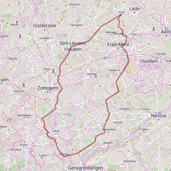 Miniatuurkaart van de fietsinspiratie "Gravelroute Ottergem - Papegem" in Prov. Oost-Vlaanderen, Belgium. Gemaakt door de Tarmacs.app fietsrouteplanner