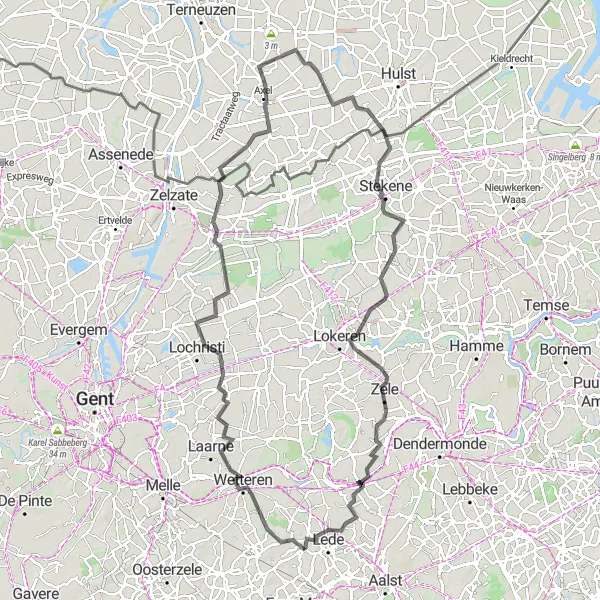 Map miniature of "Wetteren Explorer" cycling inspiration in Prov. Oost-Vlaanderen, Belgium. Generated by Tarmacs.app cycling route planner