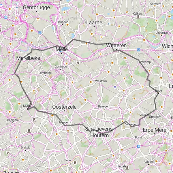 Miniature de la carte de l'inspiration cycliste "Parcours à travers Impe et les environs" dans la Prov. Oost-Vlaanderen, Belgium. Générée par le planificateur d'itinéraire cycliste Tarmacs.app