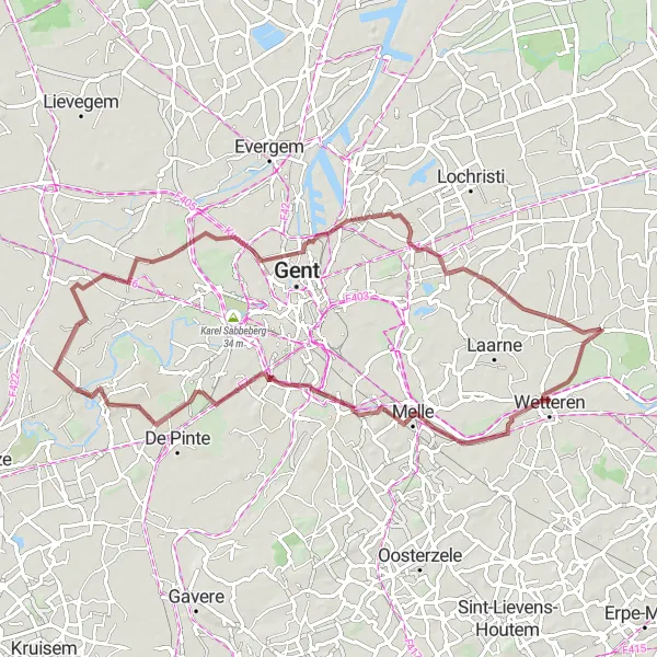 Map miniature of "Gravel Roads and Hidden Gems" cycling inspiration in Prov. Oost-Vlaanderen, Belgium. Generated by Tarmacs.app cycling route planner