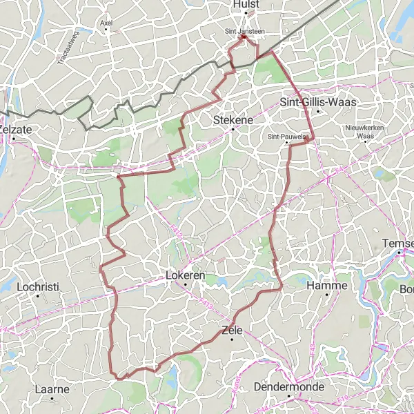 Miniatuurkaart van de fietsinspiratie "Gravelroute vanuit Kalken" in Prov. Oost-Vlaanderen, Belgium. Gemaakt door de Tarmacs.app fietsrouteplanner