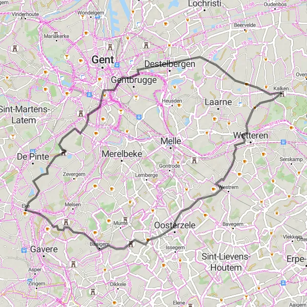 Map miniature of "Kalken and Surrounding Villages" cycling inspiration in Prov. Oost-Vlaanderen, Belgium. Generated by Tarmacs.app cycling route planner