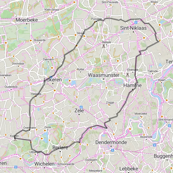 Miniatuurkaart van de fietsinspiratie "Ontdek Berlare en Puivelde vanuit Kalken" in Prov. Oost-Vlaanderen, Belgium. Gemaakt door de Tarmacs.app fietsrouteplanner