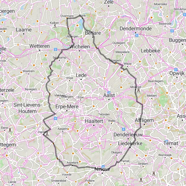 Miniatuurkaart van de fietsinspiratie "Verken de pittoreske dorpen in Oost-Vlaanderen" in Prov. Oost-Vlaanderen, Belgium. Gemaakt door de Tarmacs.app fietsrouteplanner