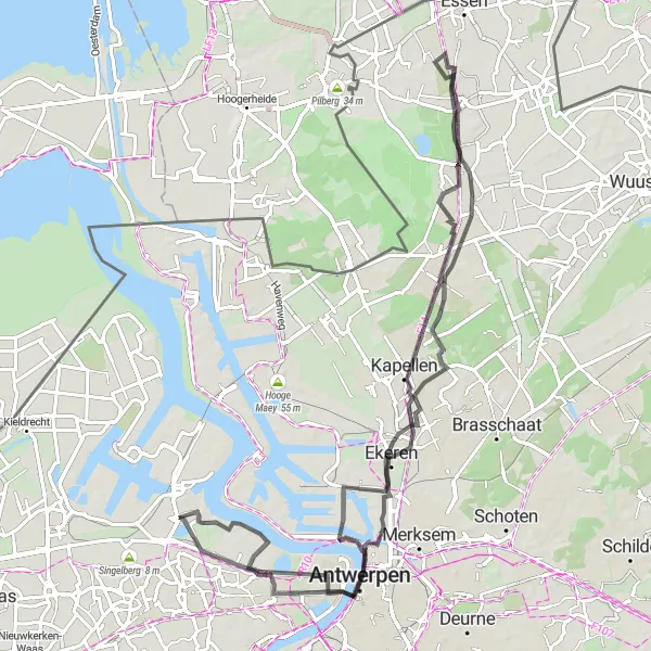 Miniatuurkaart van de fietsinspiratie "Verkenningen van Kallo tot Antwerpen" in Prov. Oost-Vlaanderen, Belgium. Gemaakt door de Tarmacs.app fietsrouteplanner