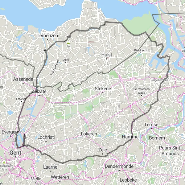 Miniature de la carte de l'inspiration cycliste "Parcours Road Long: Kallo - Kruispolderhaven" dans la Prov. Oost-Vlaanderen, Belgium. Générée par le planificateur d'itinéraire cycliste Tarmacs.app