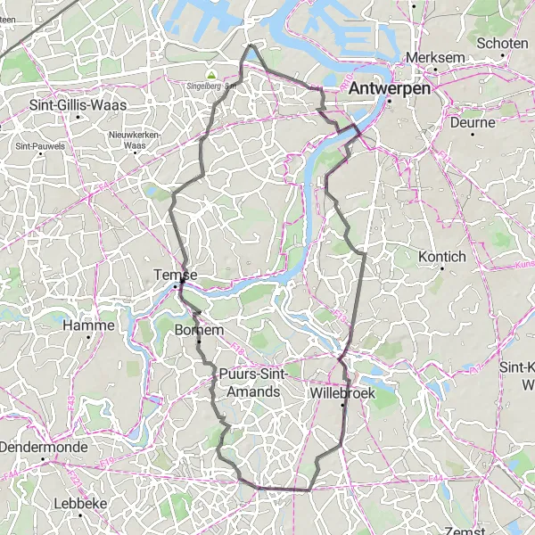 Map miniature of "Kallo to Leurshoek Road Route" cycling inspiration in Prov. Oost-Vlaanderen, Belgium. Generated by Tarmacs.app cycling route planner