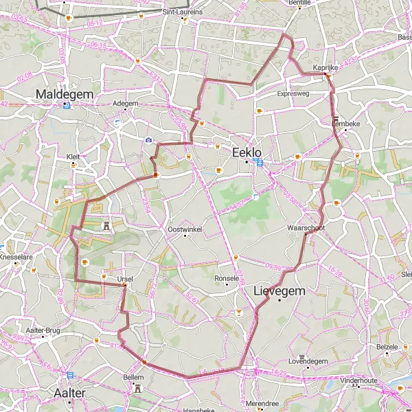 Map miniature of "Waarschoot Wilderness" cycling inspiration in Prov. Oost-Vlaanderen, Belgium. Generated by Tarmacs.app cycling route planner