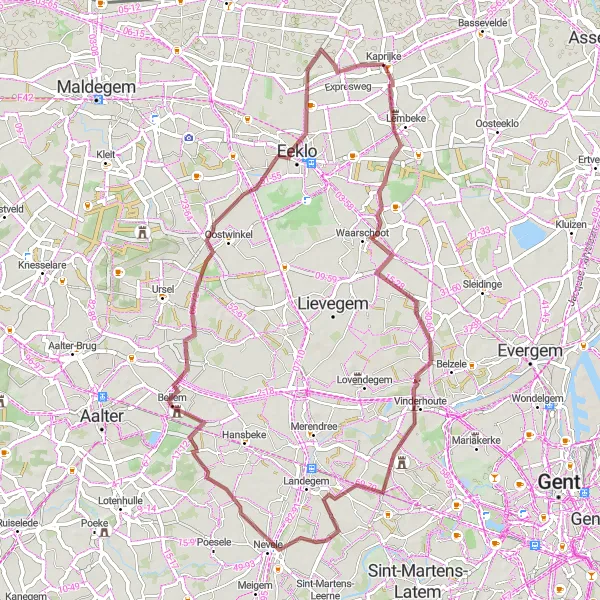 Map miniature of "Kaprijke to Nevele Gravel Adventure" cycling inspiration in Prov. Oost-Vlaanderen, Belgium. Generated by Tarmacs.app cycling route planner