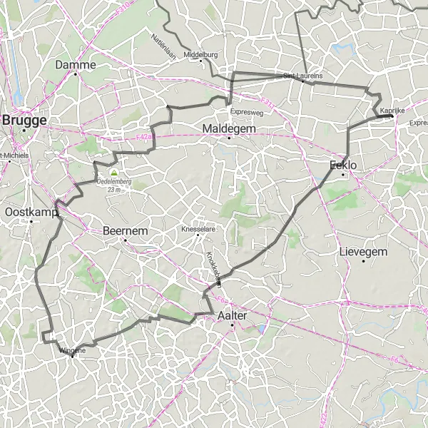 Karten-Miniaturansicht der Radinspiration "Rundtour Wingene-Moerbrugge-Oedelemberg-Moershoofde" in Prov. Oost-Vlaanderen, Belgium. Erstellt vom Tarmacs.app-Routenplaner für Radtouren