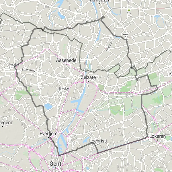 Map miniature of "Drieschouwen Expedition" cycling inspiration in Prov. Oost-Vlaanderen, Belgium. Generated by Tarmacs.app cycling route planner