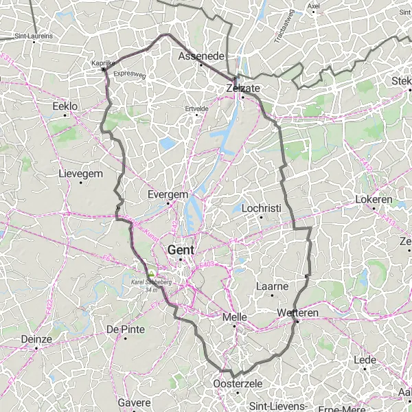 Miniatuurkaart van de fietsinspiratie "Zelzate naar Kasteel van Aveschoot Route" in Prov. Oost-Vlaanderen, Belgium. Gemaakt door de Tarmacs.app fietsrouteplanner