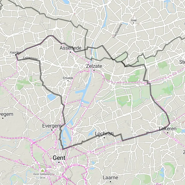 Map miniature of "Westdorpe to Oosteeklo Scenic Road Cycling Route" cycling inspiration in Prov. Oost-Vlaanderen, Belgium. Generated by Tarmacs.app cycling route planner