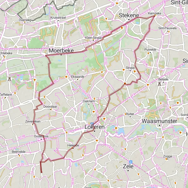 Map miniature of "Gravel Tour through Zeveneken" cycling inspiration in Prov. Oost-Vlaanderen, Belgium. Generated by Tarmacs.app cycling route planner