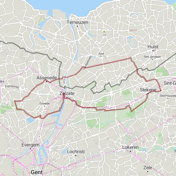 Map miniature of "Kemzeke Gravel Adventure" cycling inspiration in Prov. Oost-Vlaanderen, Belgium. Generated by Tarmacs.app cycling route planner