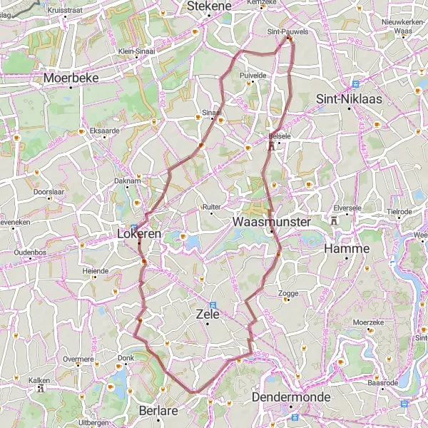 Miniatuurkaart van de fietsinspiratie "Rustieke dorpjes route" in Prov. Oost-Vlaanderen, Belgium. Gemaakt door de Tarmacs.app fietsrouteplanner