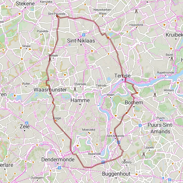 Map miniature of "Gravel Loop from Kemzeke" cycling inspiration in Prov. Oost-Vlaanderen, Belgium. Generated by Tarmacs.app cycling route planner