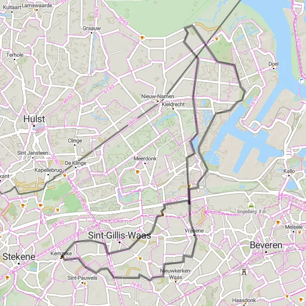 Miniatuurkaart van de fietsinspiratie "Kemzeke naar Vrasene Route" in Prov. Oost-Vlaanderen, Belgium. Gemaakt door de Tarmacs.app fietsrouteplanner