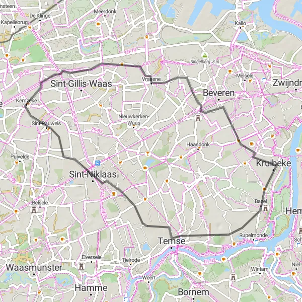 Karten-Miniaturansicht der Radinspiration "Straßenroute Kemzeke - Sint-Niklaas" in Prov. Oost-Vlaanderen, Belgium. Erstellt vom Tarmacs.app-Routenplaner für Radtouren