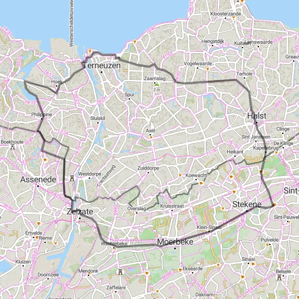 Miniatuurkaart van de fietsinspiratie "Wegroute vanuit Kemzeke via Kapellebrug en Zelzate" in Prov. Oost-Vlaanderen, Belgium. Gemaakt door de Tarmacs.app fietsrouteplanner