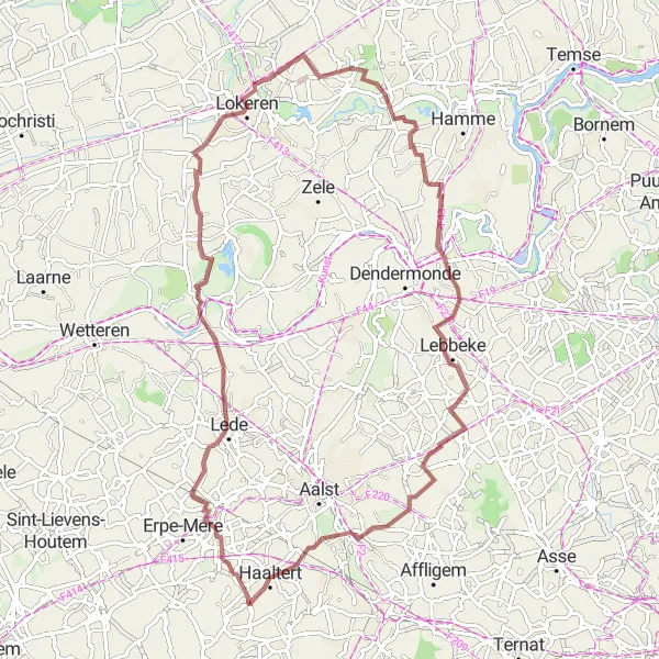 Miniatuurkaart van de fietsinspiratie "Grindroute door Oost-Vlaanderen" in Prov. Oost-Vlaanderen, Belgium. Gemaakt door de Tarmacs.app fietsrouteplanner