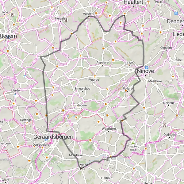 Map miniature of "Kerksken to Denderhoutem Loop" cycling inspiration in Prov. Oost-Vlaanderen, Belgium. Generated by Tarmacs.app cycling route planner