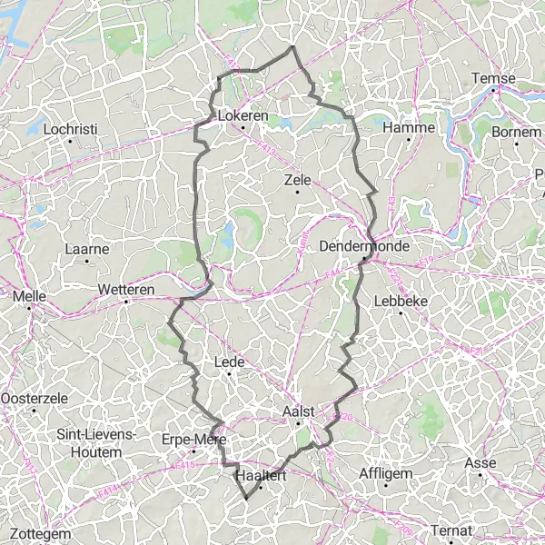 Miniatuurkaart van de fietsinspiratie "Wegroute van Kerksken naar Erondegem en terug" in Prov. Oost-Vlaanderen, Belgium. Gemaakt door de Tarmacs.app fietsrouteplanner