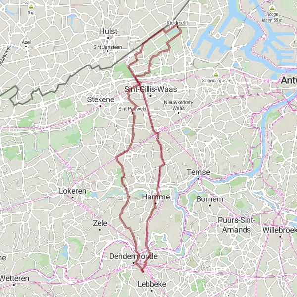 Miniatuurkaart van de fietsinspiratie "Avontuurlijke gravelroute door de natuur" in Prov. Oost-Vlaanderen, Belgium. Gemaakt door de Tarmacs.app fietsrouteplanner