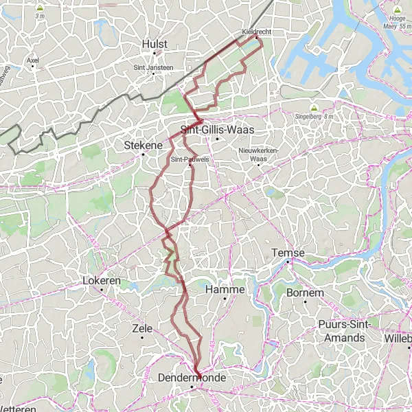 Miniatuurkaart van de fietsinspiratie "Natuurrijke gravelroute door het Waasland" in Prov. Oost-Vlaanderen, Belgium. Gemaakt door de Tarmacs.app fietsrouteplanner